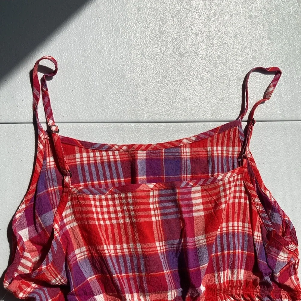 So Crop top red plaid cinch waist cropped tank top casual boho sleeveless - Picture 11 of 16